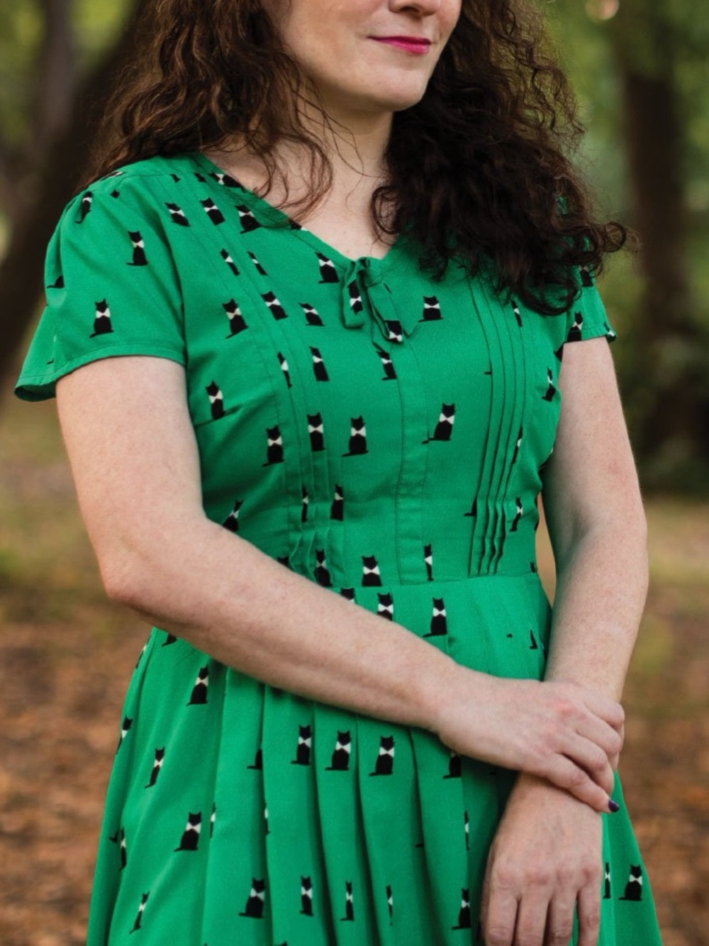 ModCloth Fervour Green Black Cats with Bow Ties Retro Dress 1X bowtie kitty cat - Picture 3 of 9